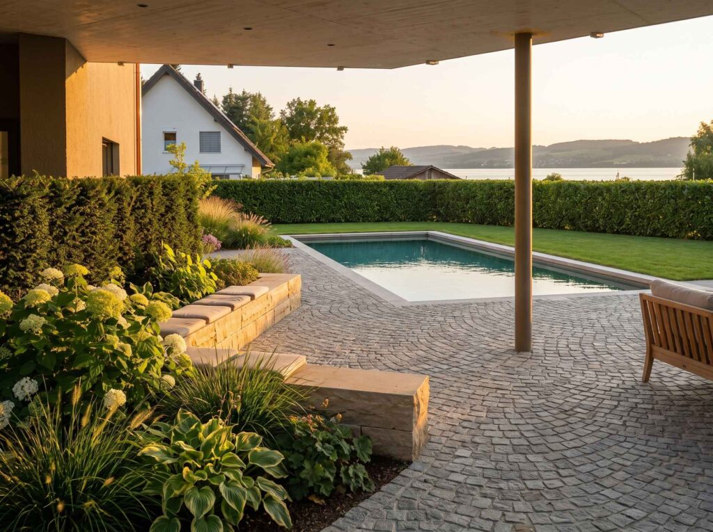 Gestaltungsidee zur Gartengestaltung Arbon: Naturstein-Sitzplatz am Seeufer mit Bogenpflaster, Sandstein-Sitzbank und Sichtschutzhecke, Bodensee im Hintergrund