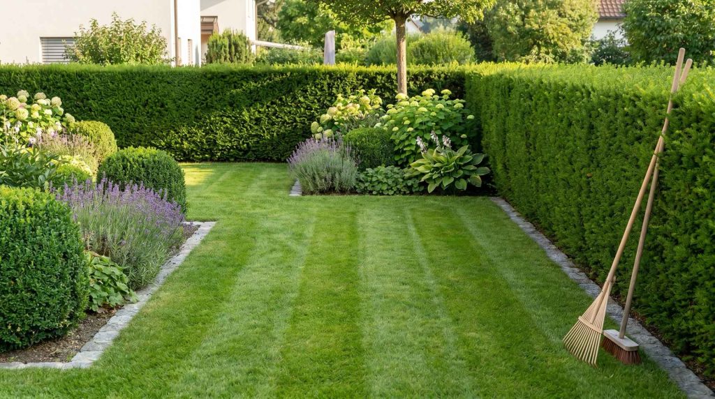Gepflegter Garten mit frisch gemaehtem Rasen, geschnittener Hecke und Staudenbeeten als Sinnbild fuer ganzjaehrige Gartenpflege