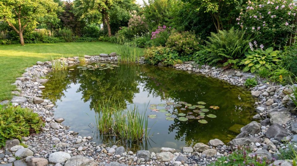 Naturnaher Gartenteich mit Wasserpflanzen, Seerosen und einem Natursteinrand mit ruhiger Wasseroberflaeche