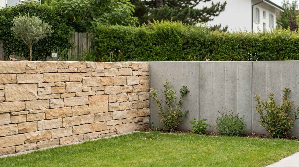 Vergleich einer Gartenmauer aus Sandstein-Trockenmauerwerk neben einer Mauer aus grauen Betonelementen im Garten