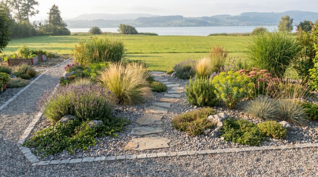 Pflegeleichter Garten am Bodensee mit Kiesbeet, Gräsern und Natursteinplatten-Pfad von CW gardenart