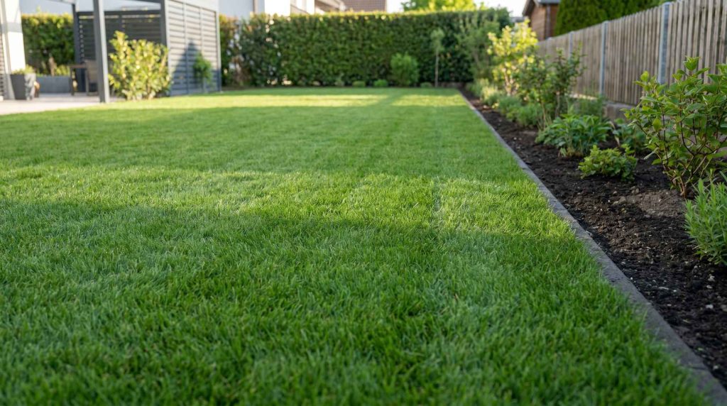 Saftig gruener frisch angelegter Rasen in einem Garten mit sichtbarem Randabschluss zum Pflanzbeet