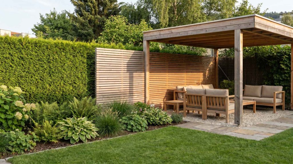 Sichtschutz im Garten mit geschnittener Hecke, Holz-Lamellenwand und Pergola ueber einem gemuetlichen Sitzplatz
