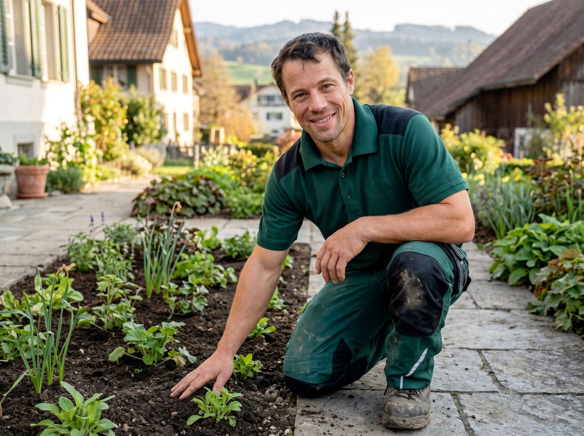 Claudio Wirz, Inhaber von CW gardenart, bei der Arbeit im Garten