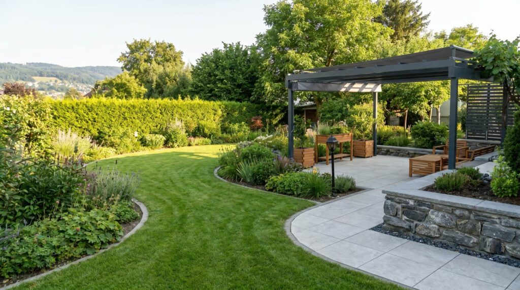Gepflegter, neu gestalteter Garten am Bodensee mit geschwungenem Rasen, Pergola, Staudenbeeten und Natursteinmauer von CW gardenart