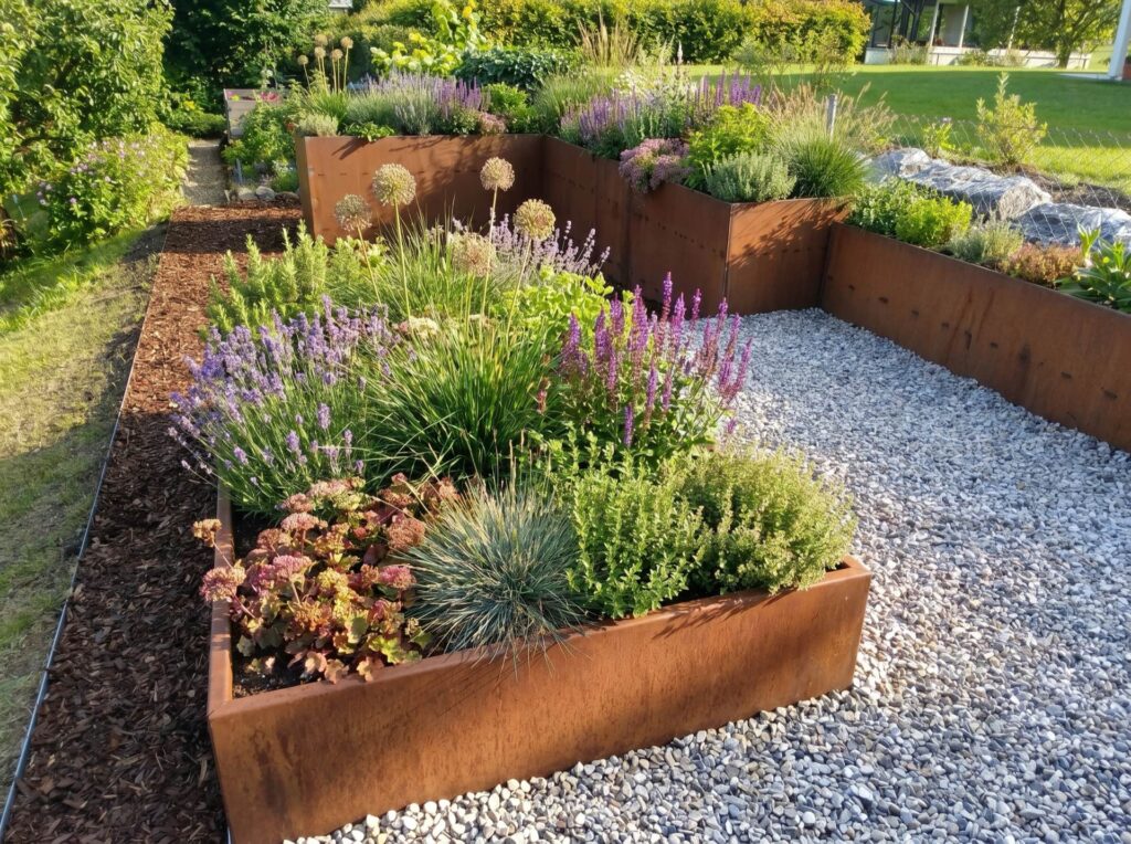 Gepflegte, mit Cortenstahl eingefasste Pflanzbeete von CW gardenart