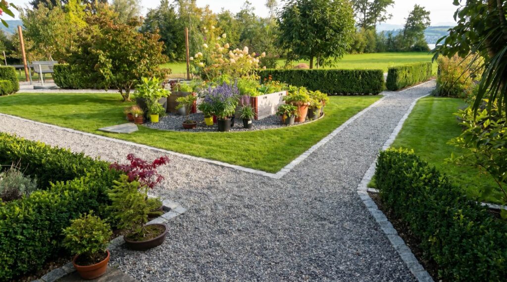 Gartenpflege Bodensee – gepflegter Garten mit Kieswegen von CW gardenart