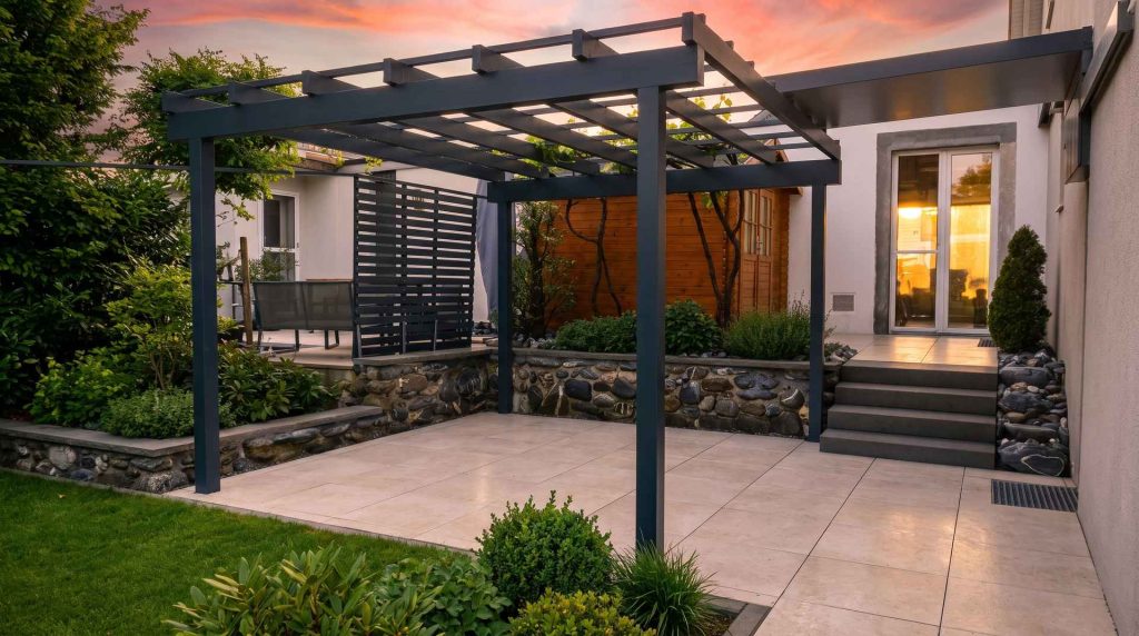 Gartenterrasse mit Pergola und Sitzplatz am Bodensee, gestaltet von CW gardenart