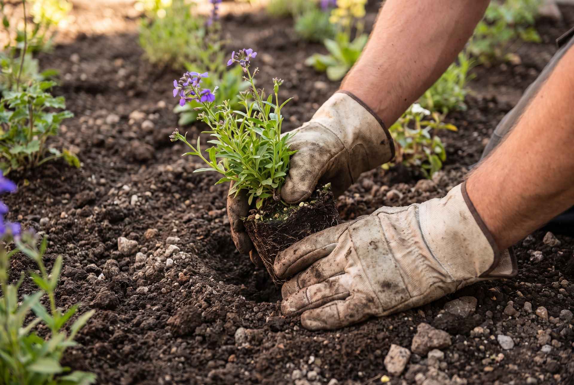 Bepflanzung im Garten: behandschuhte Hände setzen eine Jungstaude in ein frisch vorbereitetes Beet