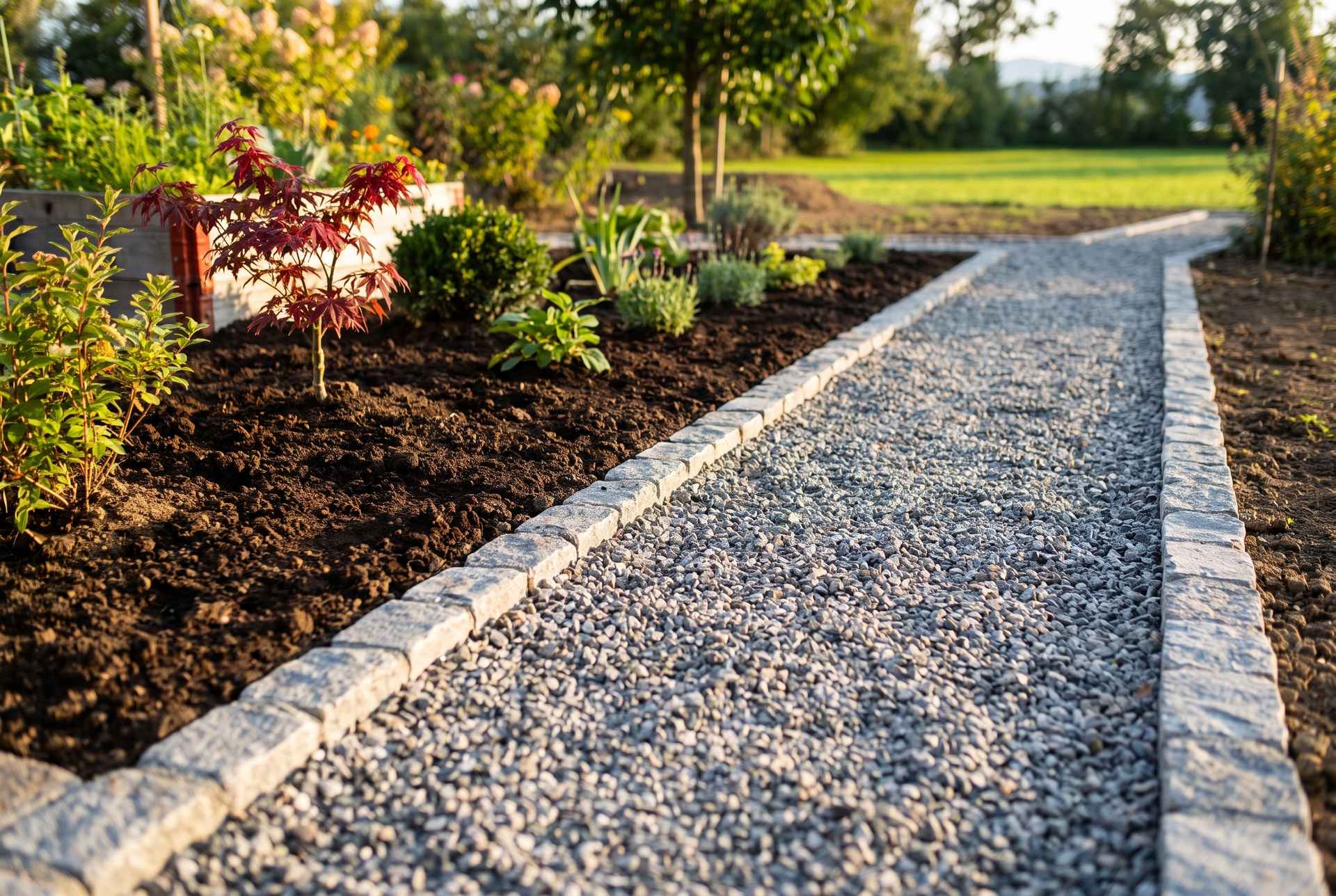 Gartenbau am Bodensee: neu angelegter Kiesweg mit Steineinfassung und frisch bepflanztem Beet