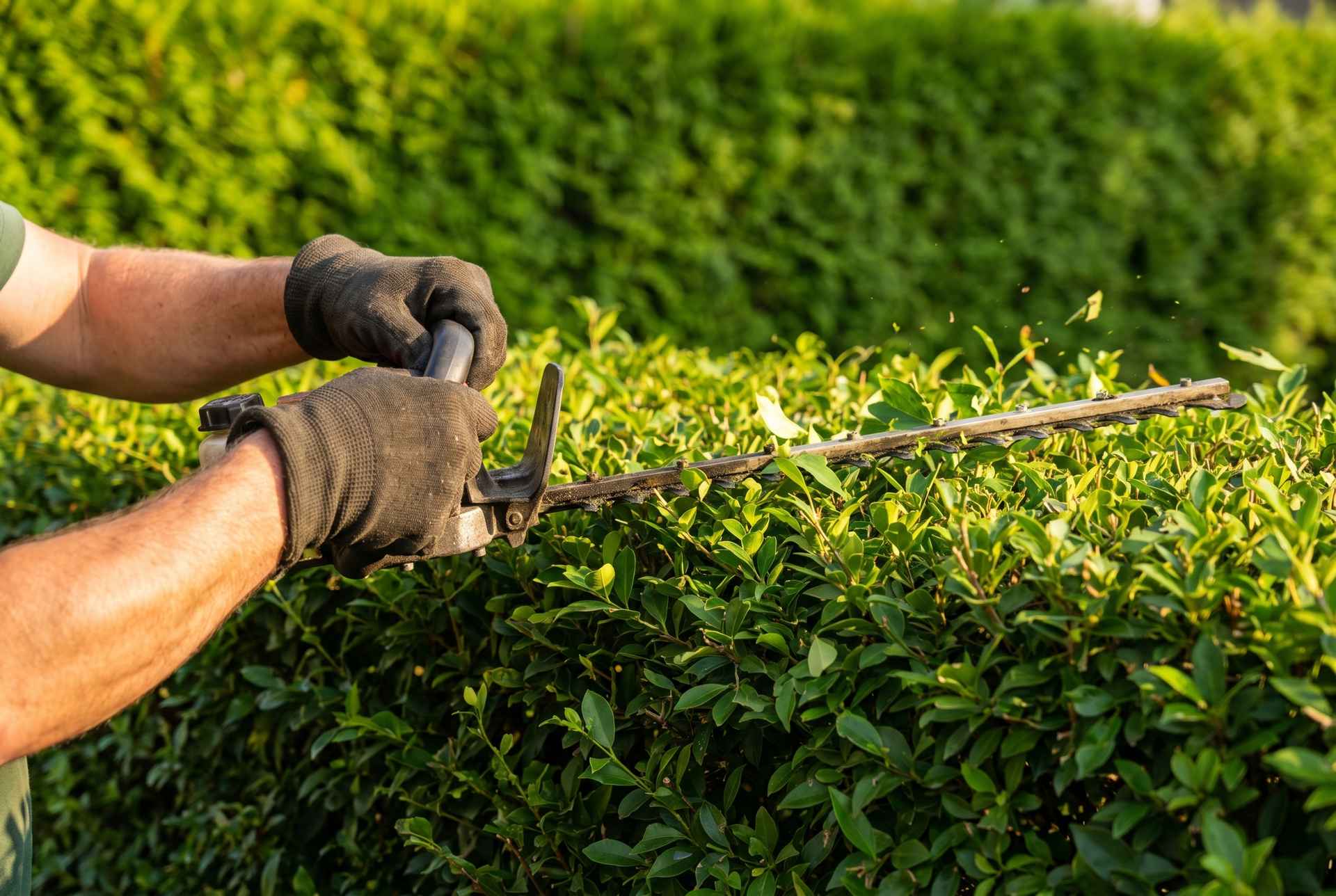 Gartenpflege im Detail: behandschuhte Hände beim Heckenschnitt mit der Heckenschere
