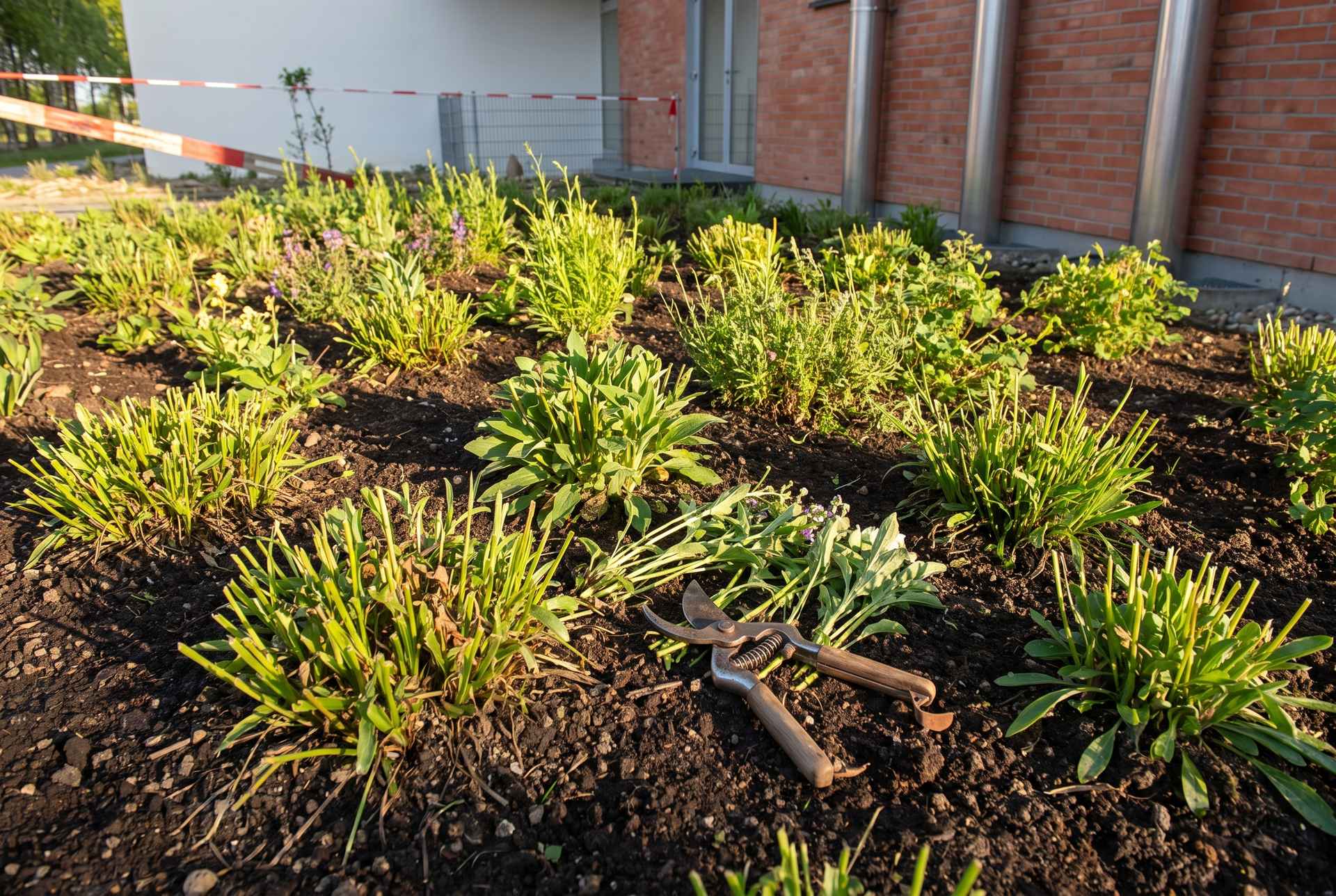 Gartenunterhalt: gepflegtes Staudenbeet mit frisch geschnittenen Stauden und Gartenschere