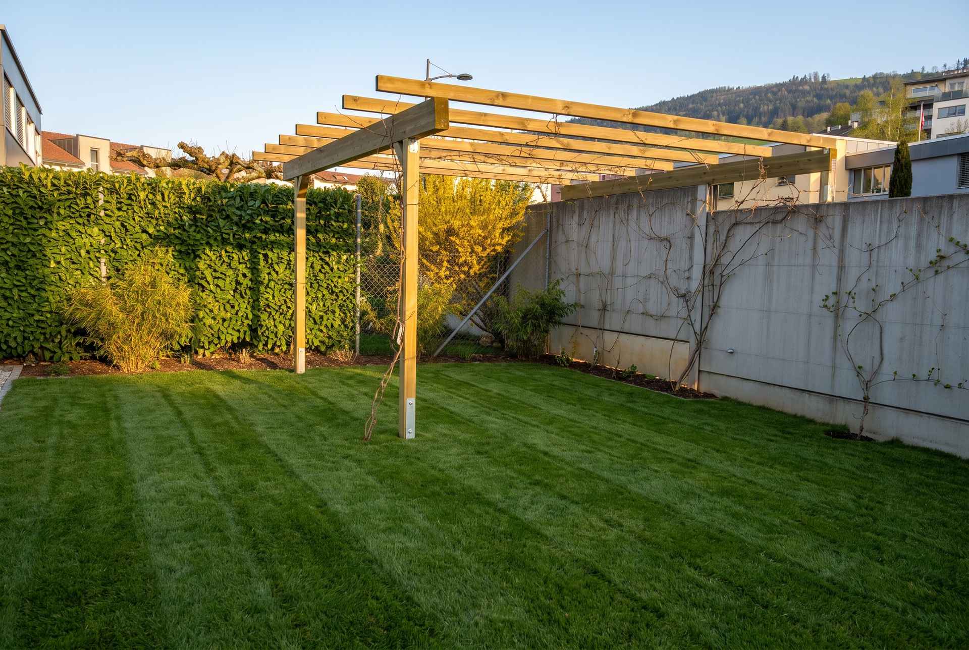 Ganzjährige Gartenpflege: gepflegter Garten mit frisch gemähtem Rasen und geschnittener Hecke im Abendlicht