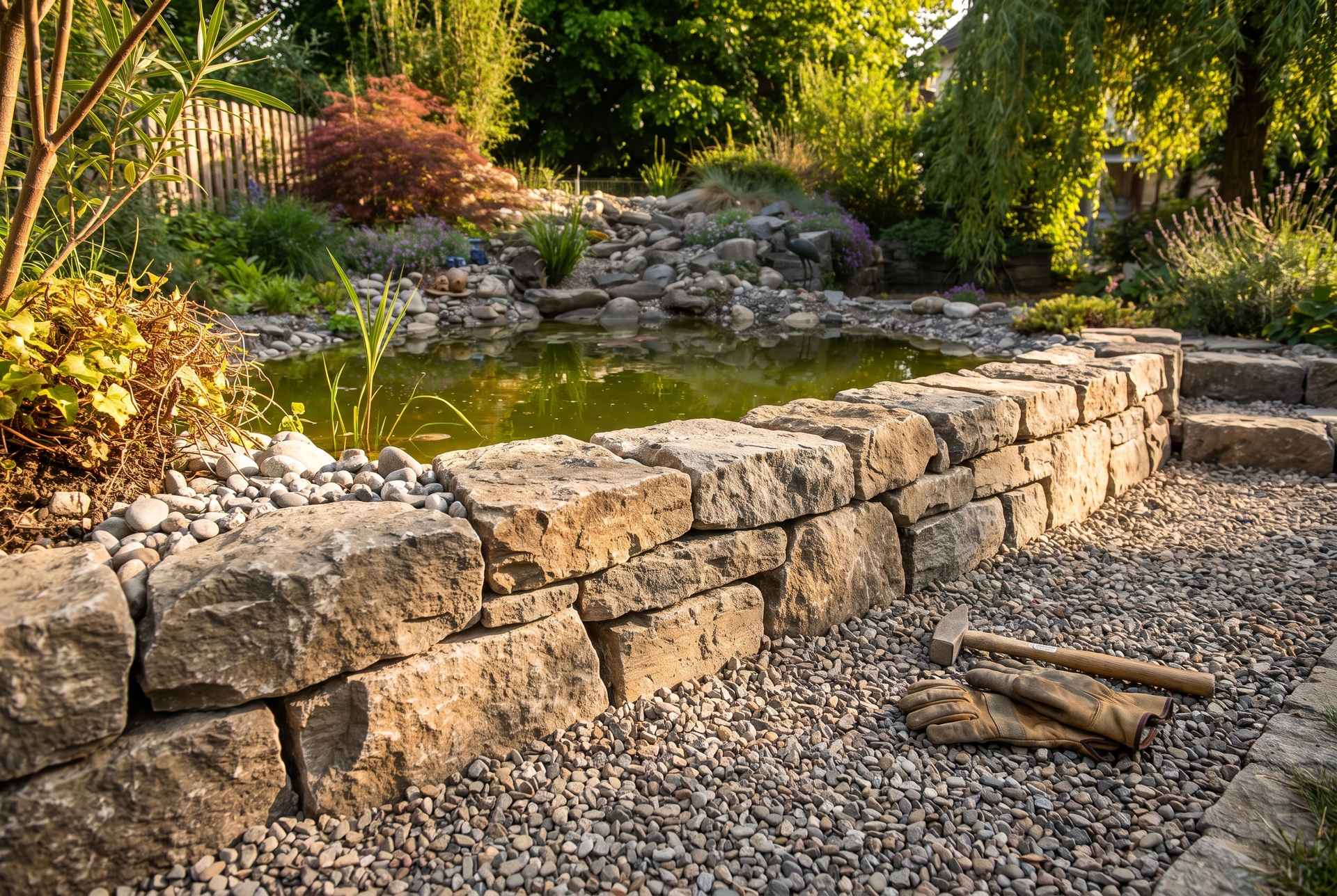 Frisch gesetzter Natursteinrand beim Gartenteich anlegen mit Kiesbett und ruhiger Wasserfläche