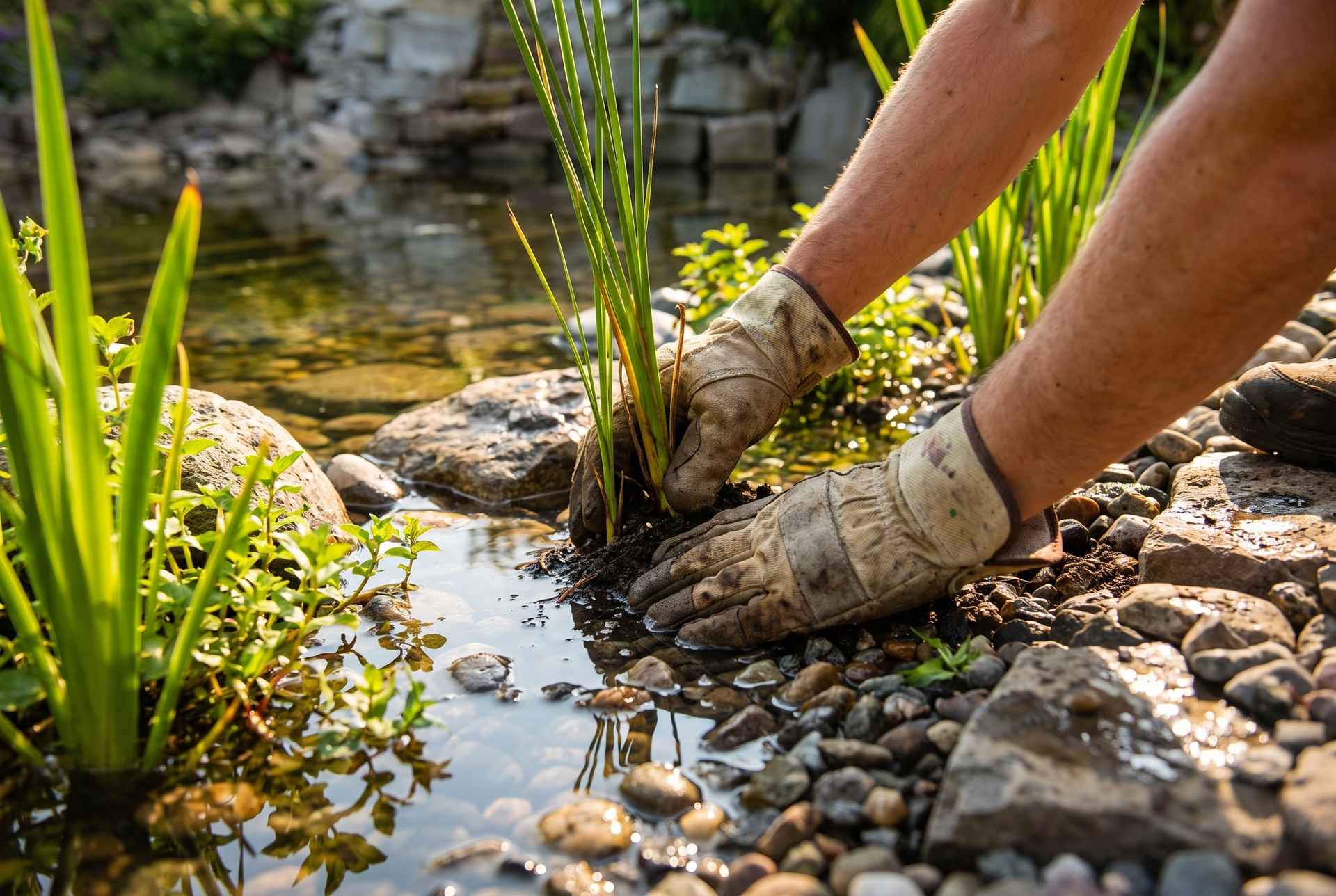 Hände mit Arbeitshandschuhen setzen eine Uferpflanze beim Teich anlegen am Teichrand ein