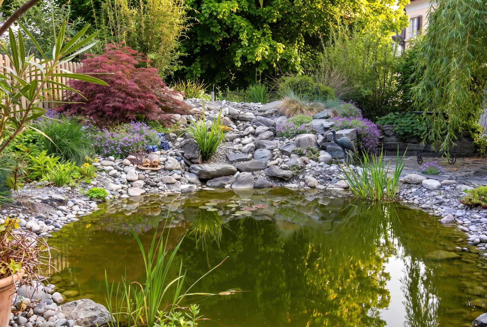 Naturnaher Gartenteich mit Wasserpflanzen und Natursteinrand nach dem Teich anlegen