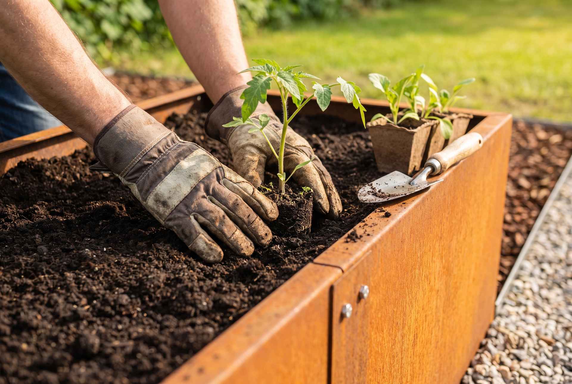Behandschuhte Hände bepflanzen ein Cortenstahl-Hochbeet mit jungen Setzlingen