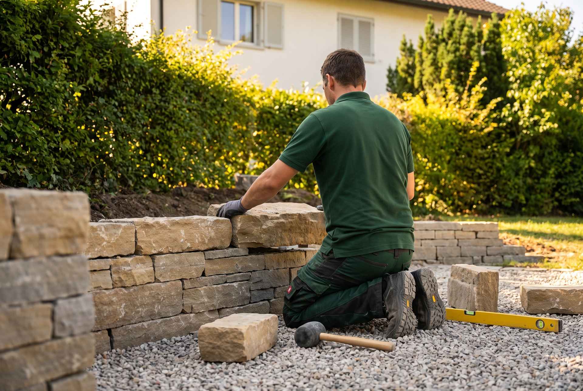 Landschaftsgärtner setzt von Hand eine Trockenmauer aus Sandstein im Garten