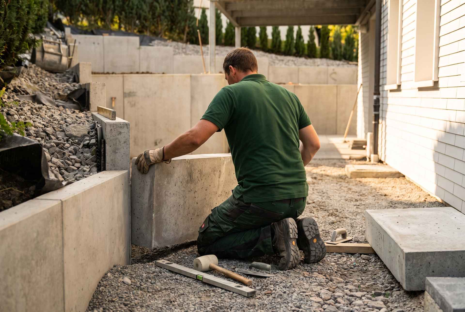Landschaftsgärtner baut eine Stützmauer aus grauen Betonmauerscheiben
