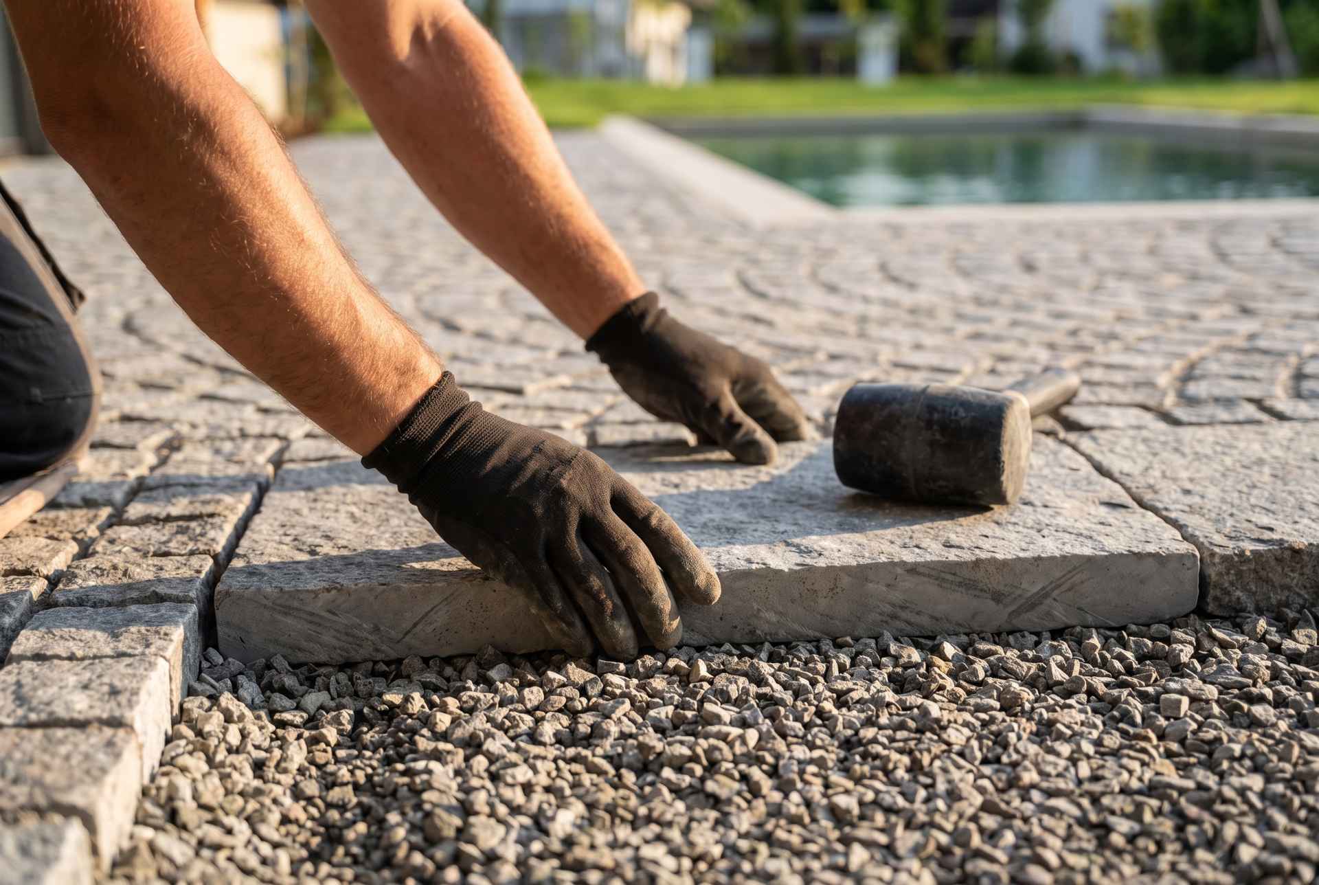 Behandschuhte Hände verlegen eine Natursteinplatte beim Plattenbelag auf einem Splittbett