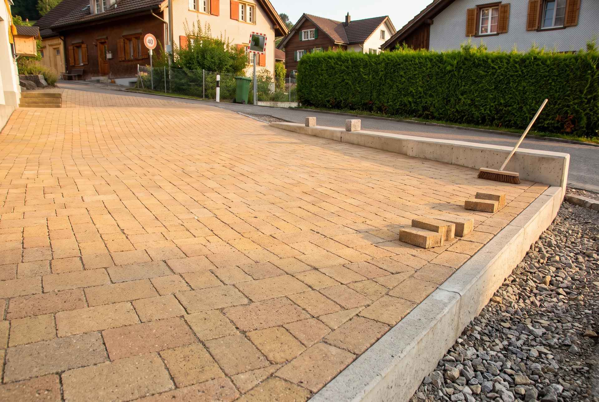 Frisch verlegte Verbundsteine als Zufahrt mit sauberem Randstein