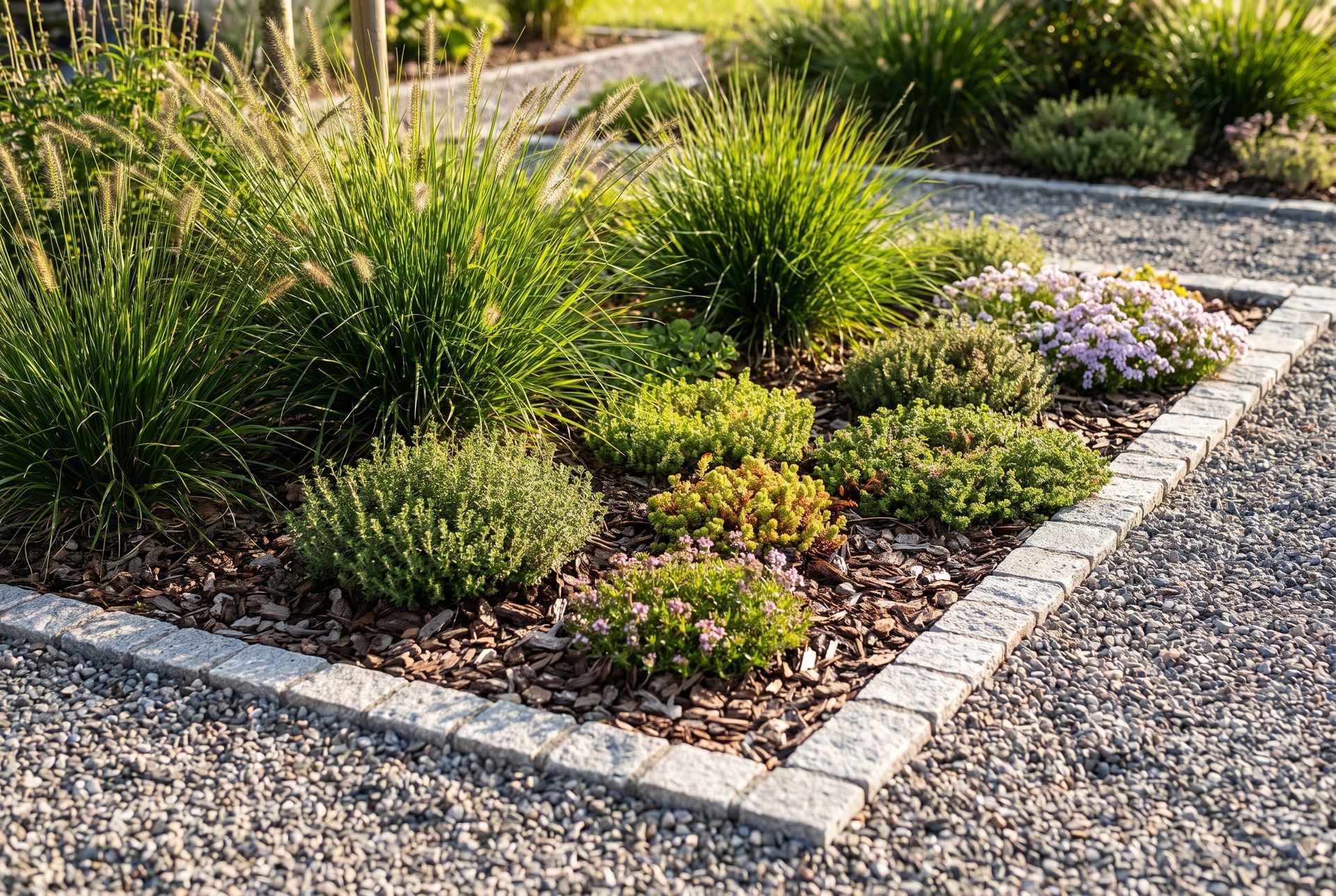 Pflegeleichter Garten mit Ziergräsern und Bodendeckern in einem Kiesbeet mit Steineinfassung