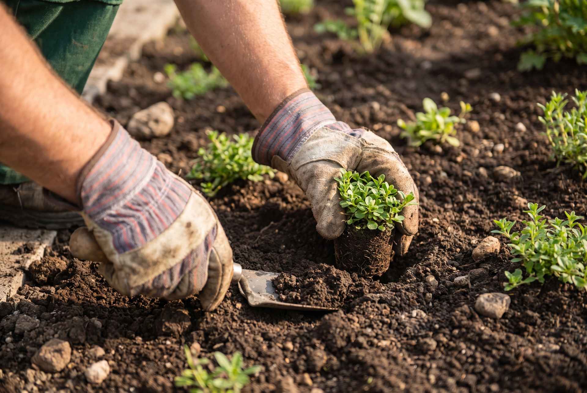 Behandschuhte Hände setzen einen pflegeleichten Bodendecker in das frische Beet ein