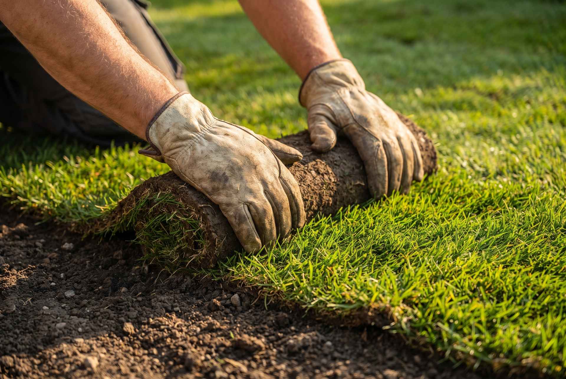 Gärtner verlegt Rollrasen und drückt eine frische Rasensode an beim Rasen anlegen im Garten