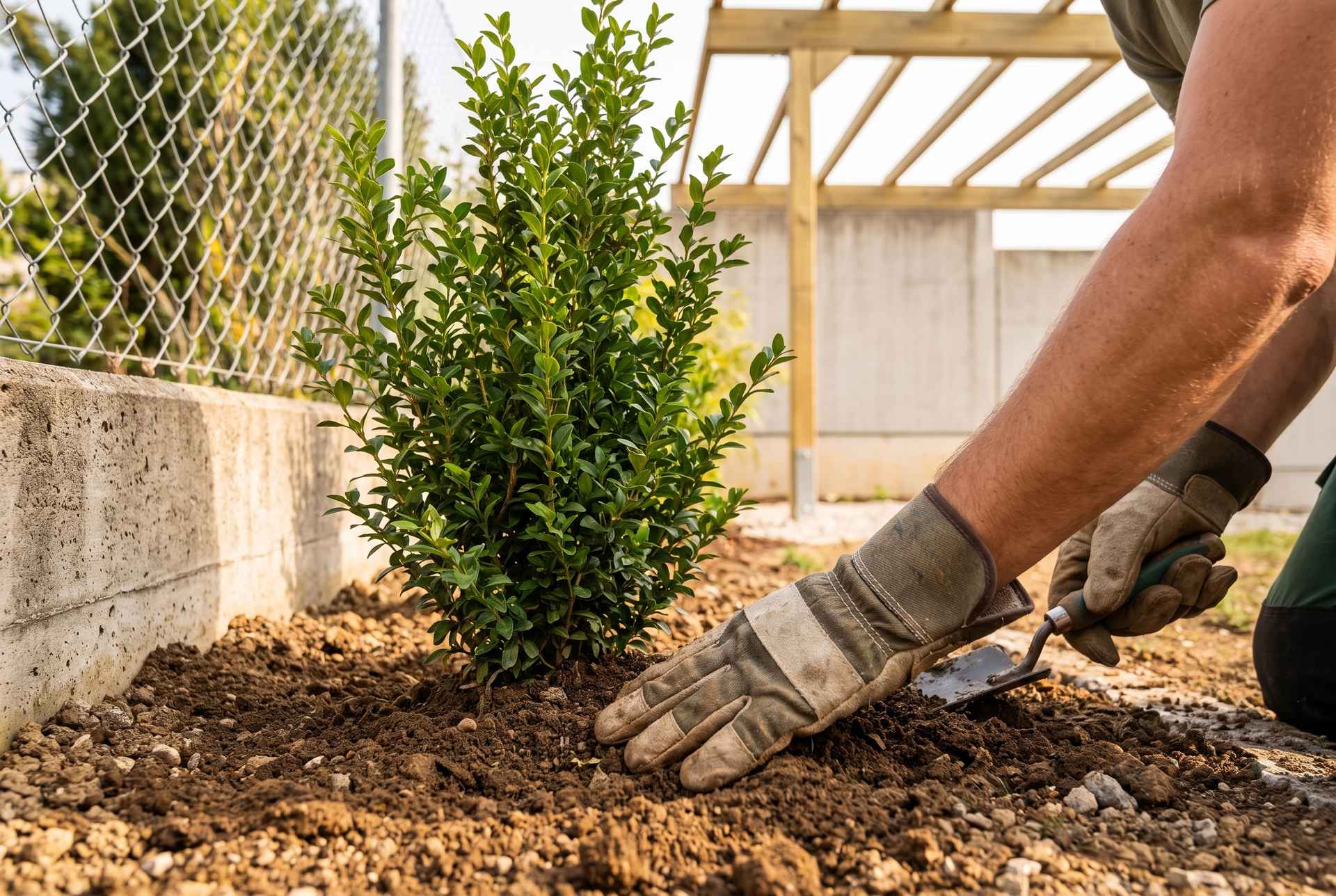 Behandschuhte Hände pflanzen eine junge Hecke als Sichtschutz im Garten