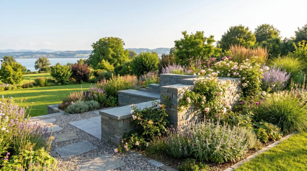 Natursteinmauer Garten – Sandstein-Trockenmauer mit Sitzbank von CW gardenart