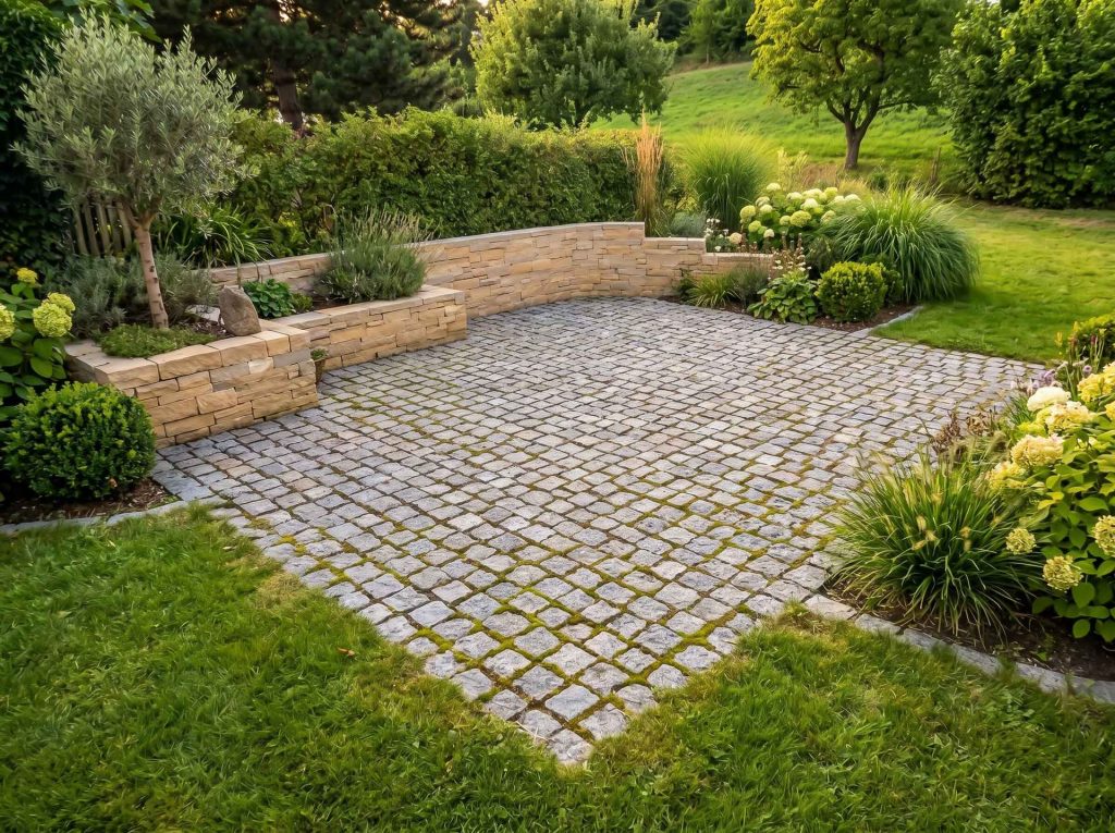 Natursteinmauer aus Sandstein mit gepflästertem Granit-Sitzplatz im Garten