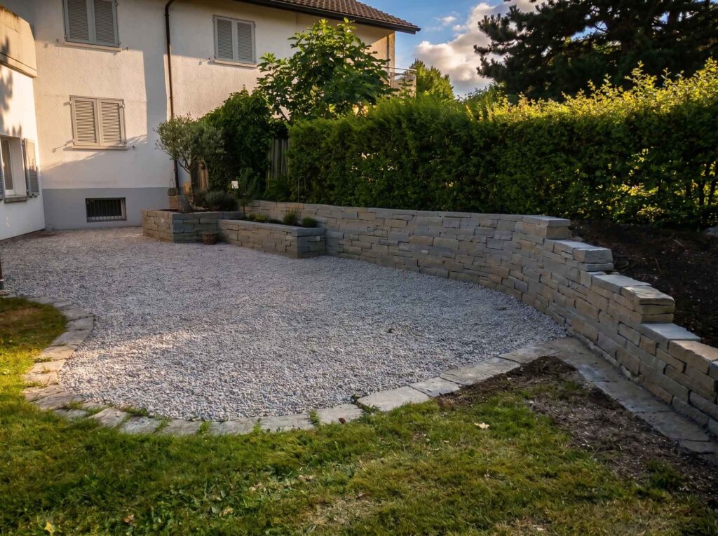Trockenmauer aus Sandstein als Gartenmauer