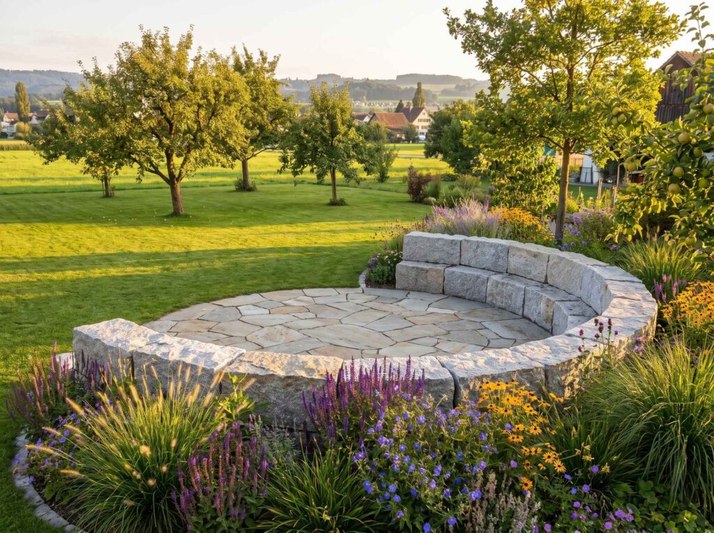Gestaltungsidee zur Gartengestaltung Egnach: geschwungene Naturstein-Sitzmauer aus Granit mit Sitzplatz und Staudenbepflanzung im Landhausgarten