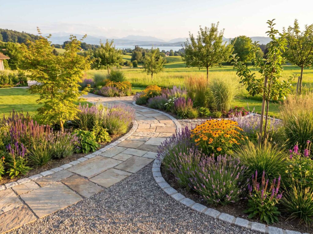 Gestaltungsidee zur Gartengestaltung Tübach: ländlicher Naturstein-Kiesweg-Garten mit Stauden und Obstbäumen bei Horn am Bodensee